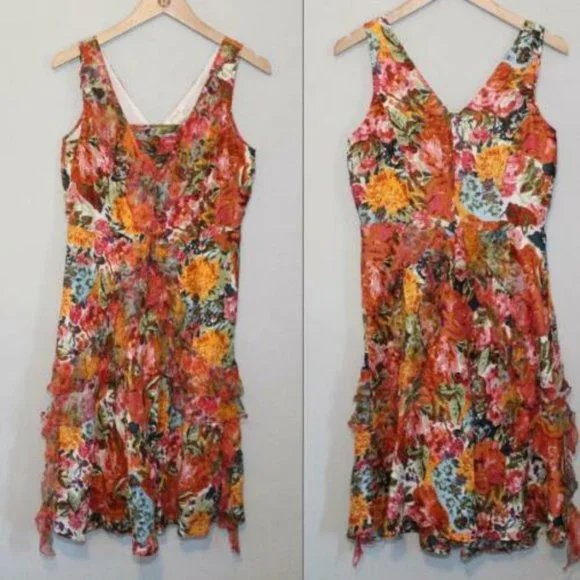 Sundance Silk Floral Ruffled V-Neck Havana Dress Orange Women's Size 4 H11297 - Picture 11 of 11